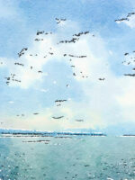 Stylized ocean and clouds with birds