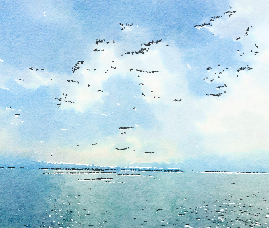 Stylized ocean and clouds with birds