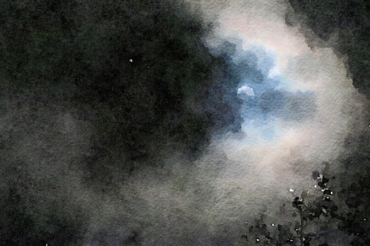 Moon in dark sky. Watrcolor